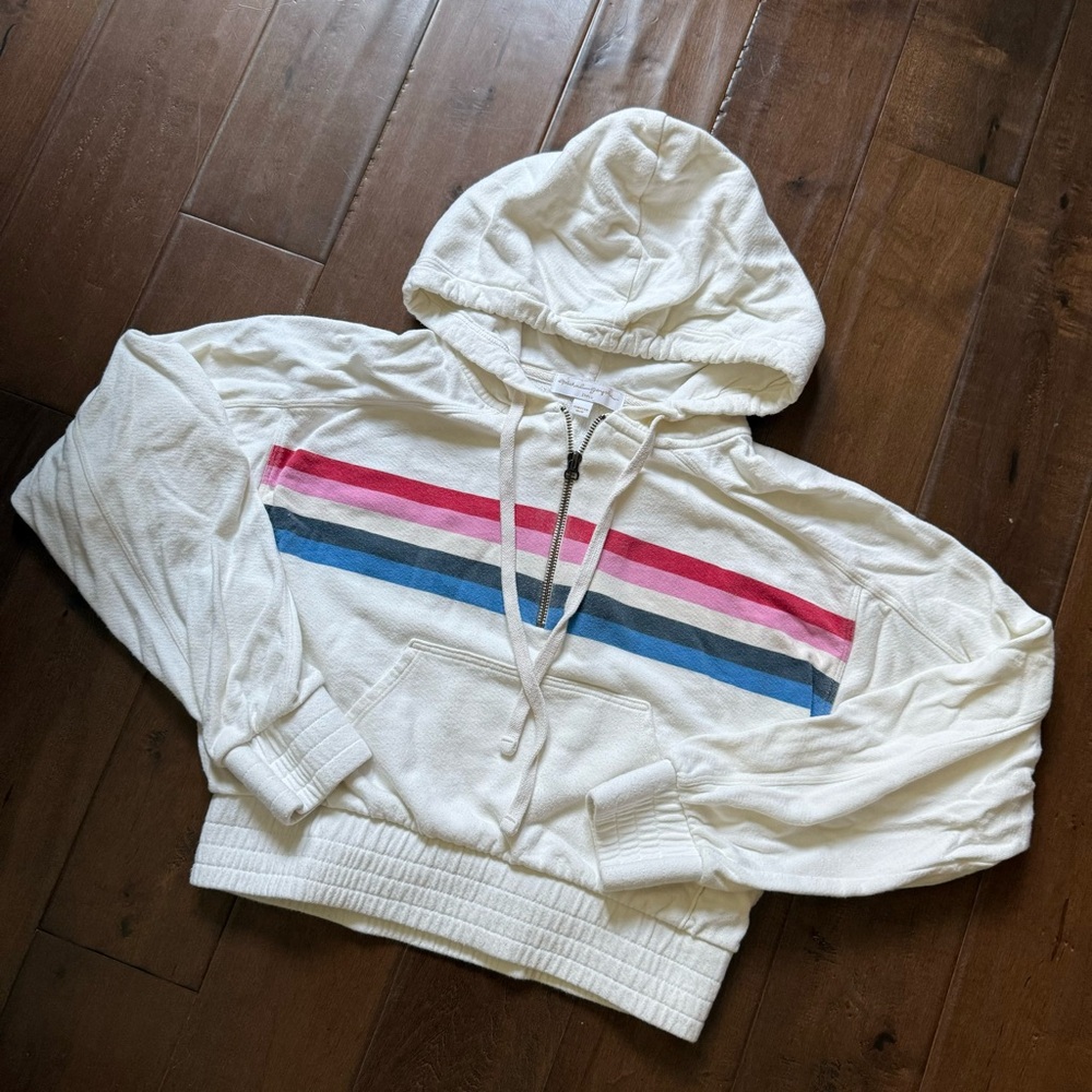 Spiritual Gangster Cropped Striped Off White Half Zip Hoodie Small
